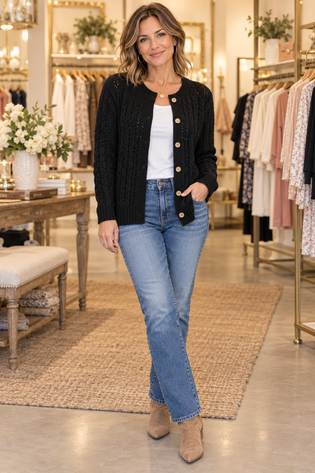 Harper button-front cardigan in Black — boutique model