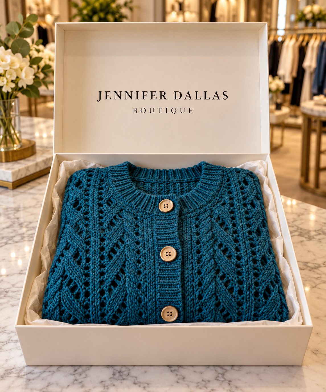 Harper button-front cardigan in a Jennifer Dallas Boutique gift box