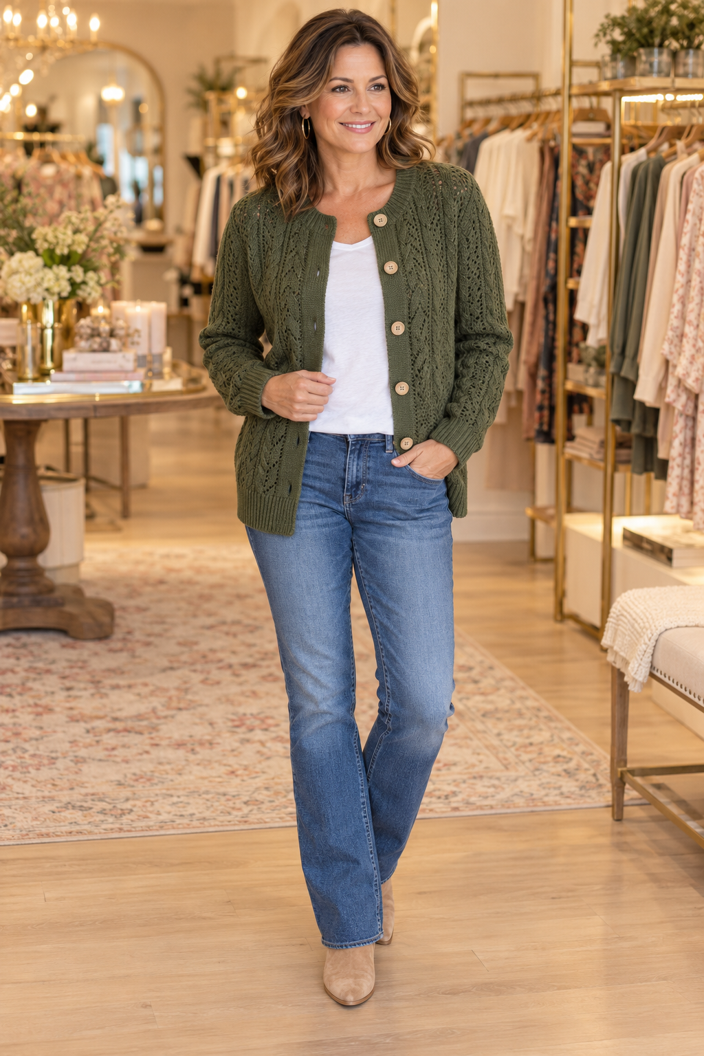 Harper button-front cardigan in Olive green — boutique model