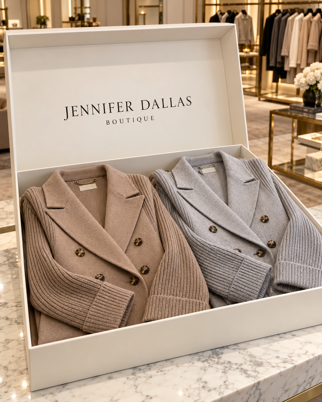 Helen knit blazer coat presented in Jennifer Dallas Boutique packaging
