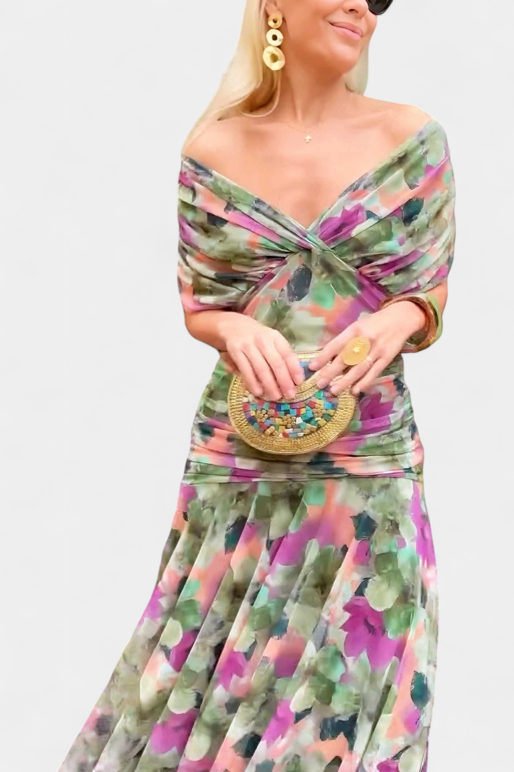 VIVIAN | LONG FLOWER V-NECK DRESS
