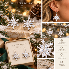 Jennifer Dallas Boutique crystal snowflake earrings winter editorial collage