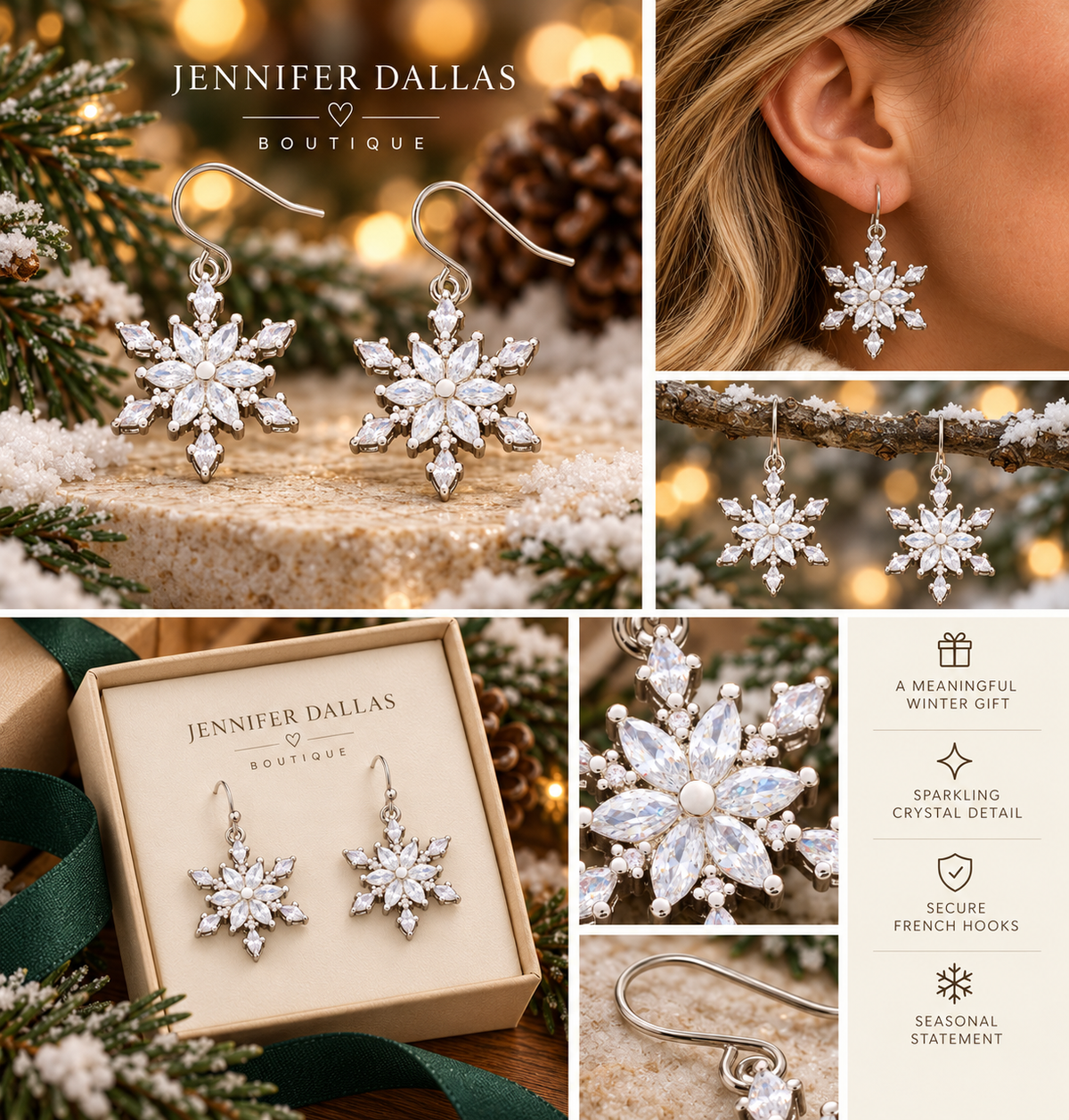 Jennifer Dallas Boutique crystal snowflake earrings winter editorial collage