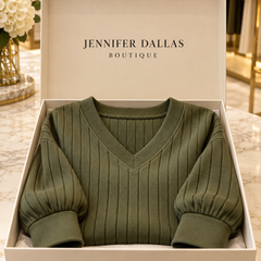 Joan ribbed V-neck sweatshirt presented in a Jennifer Dallas Boutique gift box