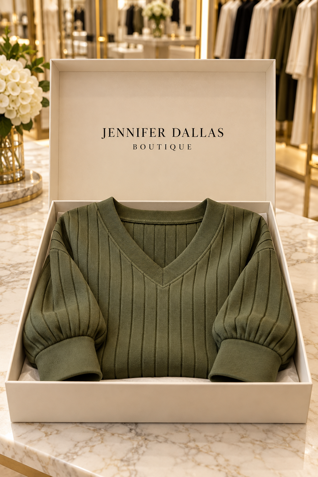 Joan ribbed V-neck sweatshirt presented in a Jennifer Dallas Boutique gift box