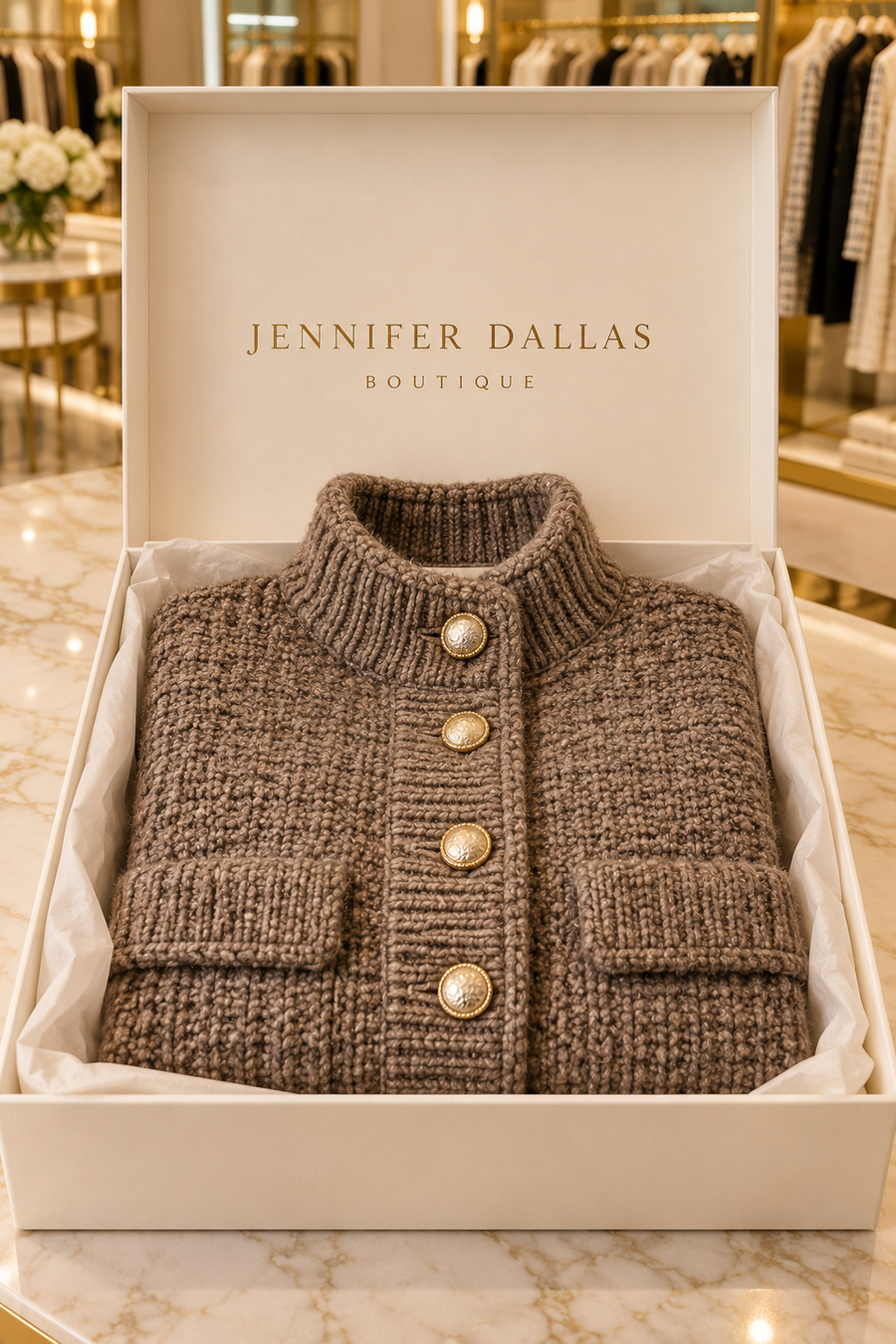 Josephine Chic Knitted Blazer in Jennifer Dallas Boutique gift box