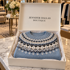 Juliet Stylish Jacquard Sweater presented in a Jennifer Dallas Boutique gift box