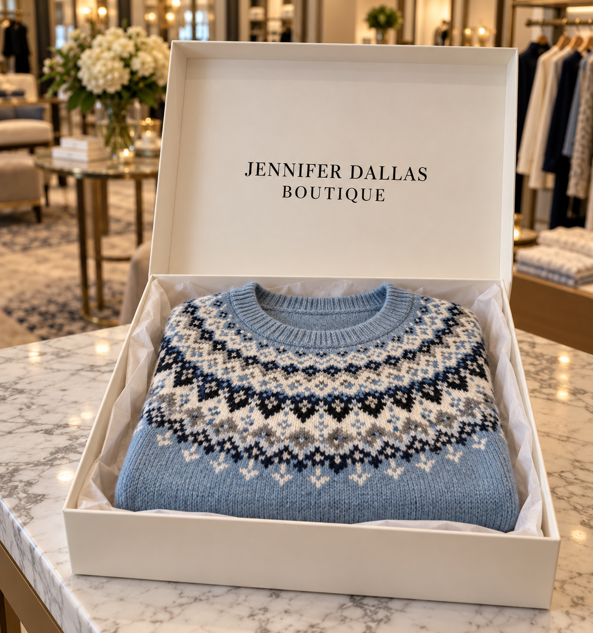 Juliet Stylish Jacquard Sweater presented in a Jennifer Dallas Boutique gift box