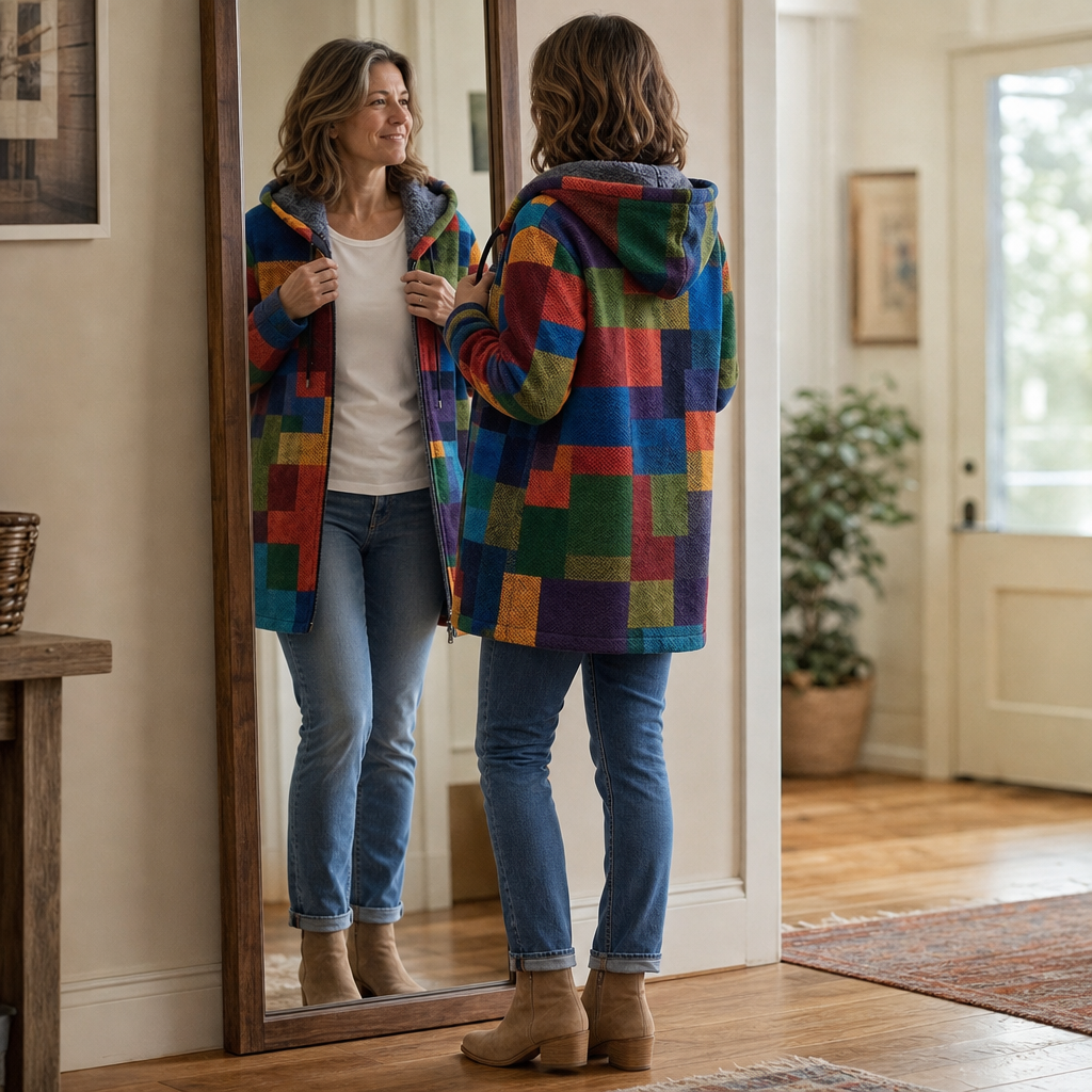 Patchwork Muse – Colorful Patchwork Hooded Cardigan