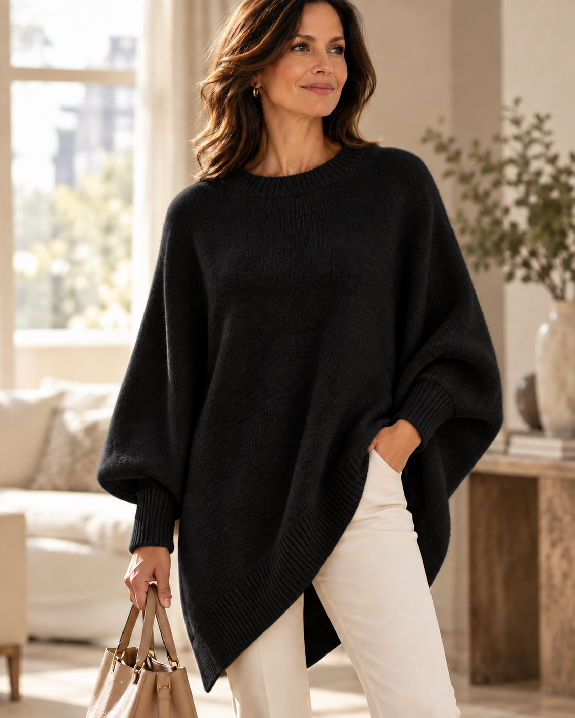 Black oversized batwing sweater with round neck, ribbed trim, and asymmetric hem