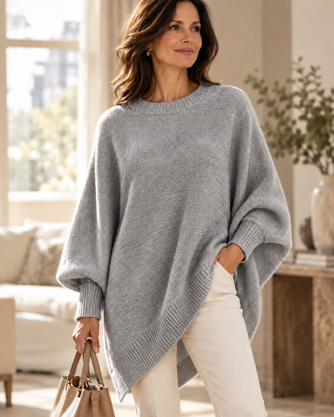 Gray oversized batwing sweater with round neck, ribbed trim, and asymmetric hem