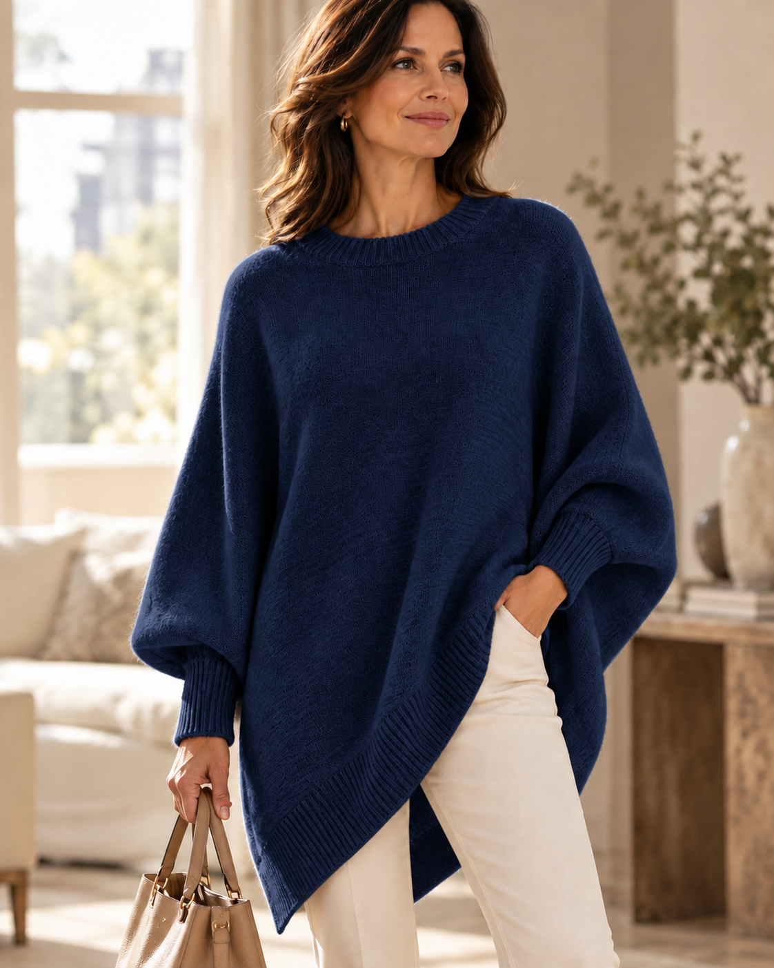 Navy oversized batwing sweater with round neck, ribbed trim, and asymmetric hem