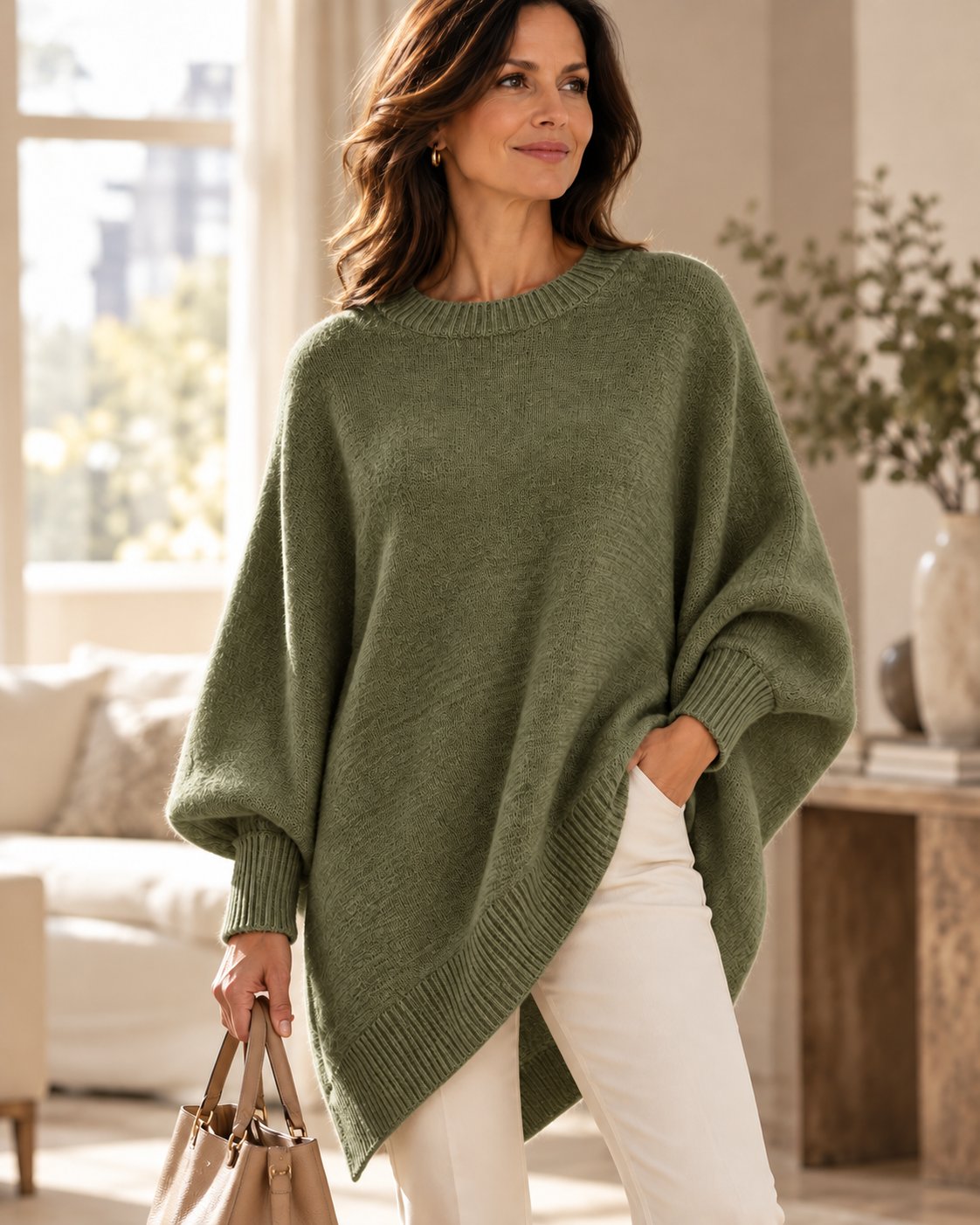 Olive green oversized batwing sweater with round neck, ribbed trim, and asymmetric hem