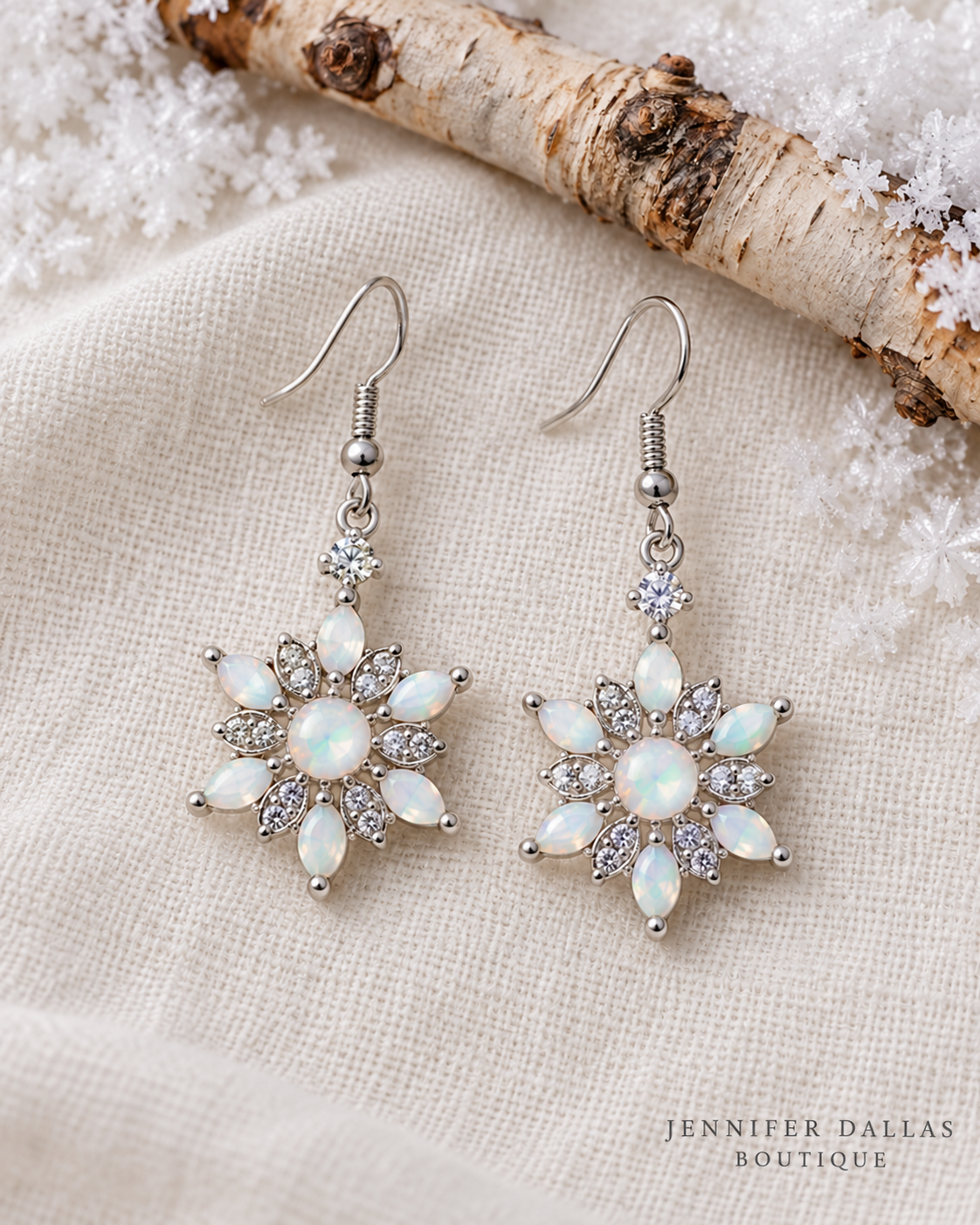 White Opal Snowflake Earrings