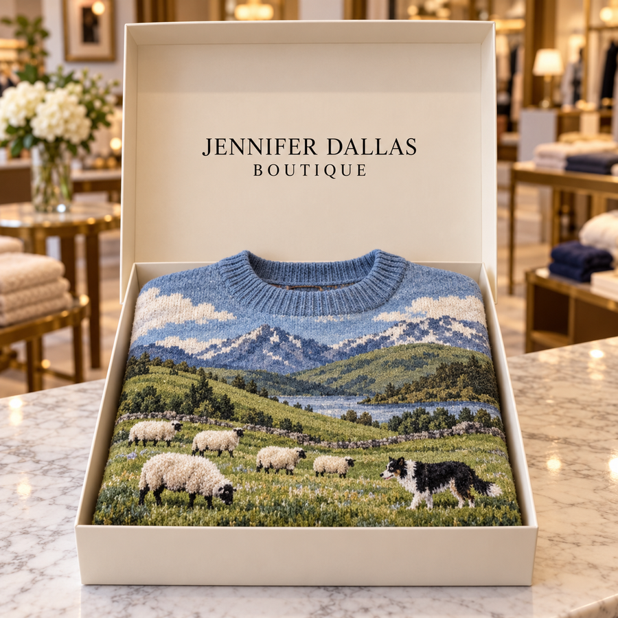 Renee Pastoral Landscape Knit Sweater in a Jennifer Dallas Boutique gift box