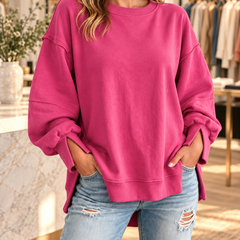 Rose-red oversized exposed-seam sweatshirt with split cuffs