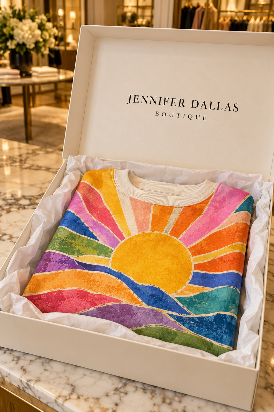 Sloane Sun Collage Art Sweatshirt in Jennifer Dallas Boutique gift box