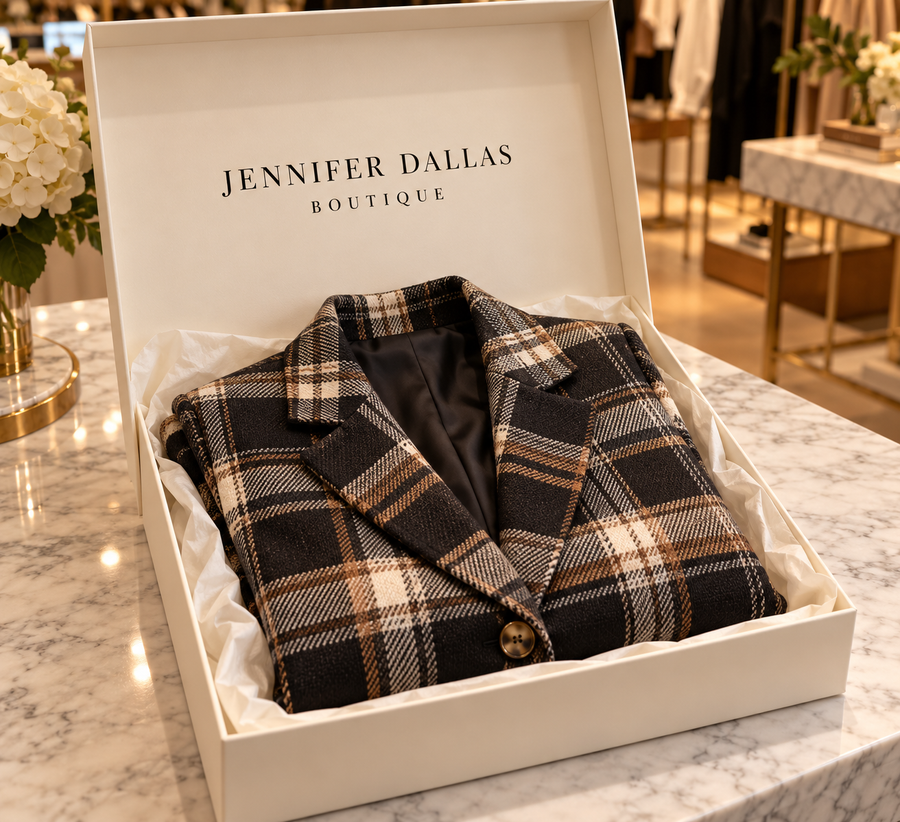 Stella Plaid Blazer in Jennifer Dallas Boutique gift box