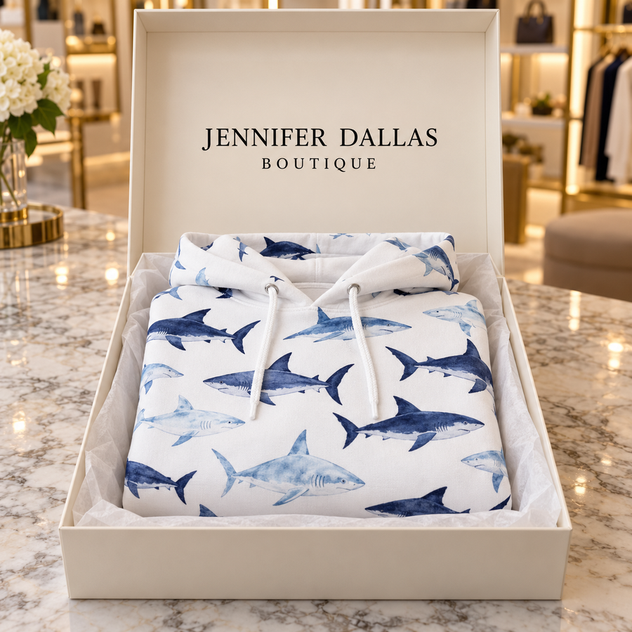 Talia Shark Print Hoodie in a Jennifer Dallas Boutique gift box