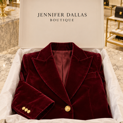 Women's velvet blazer presented in a Jennifer Dallas Boutique signature box