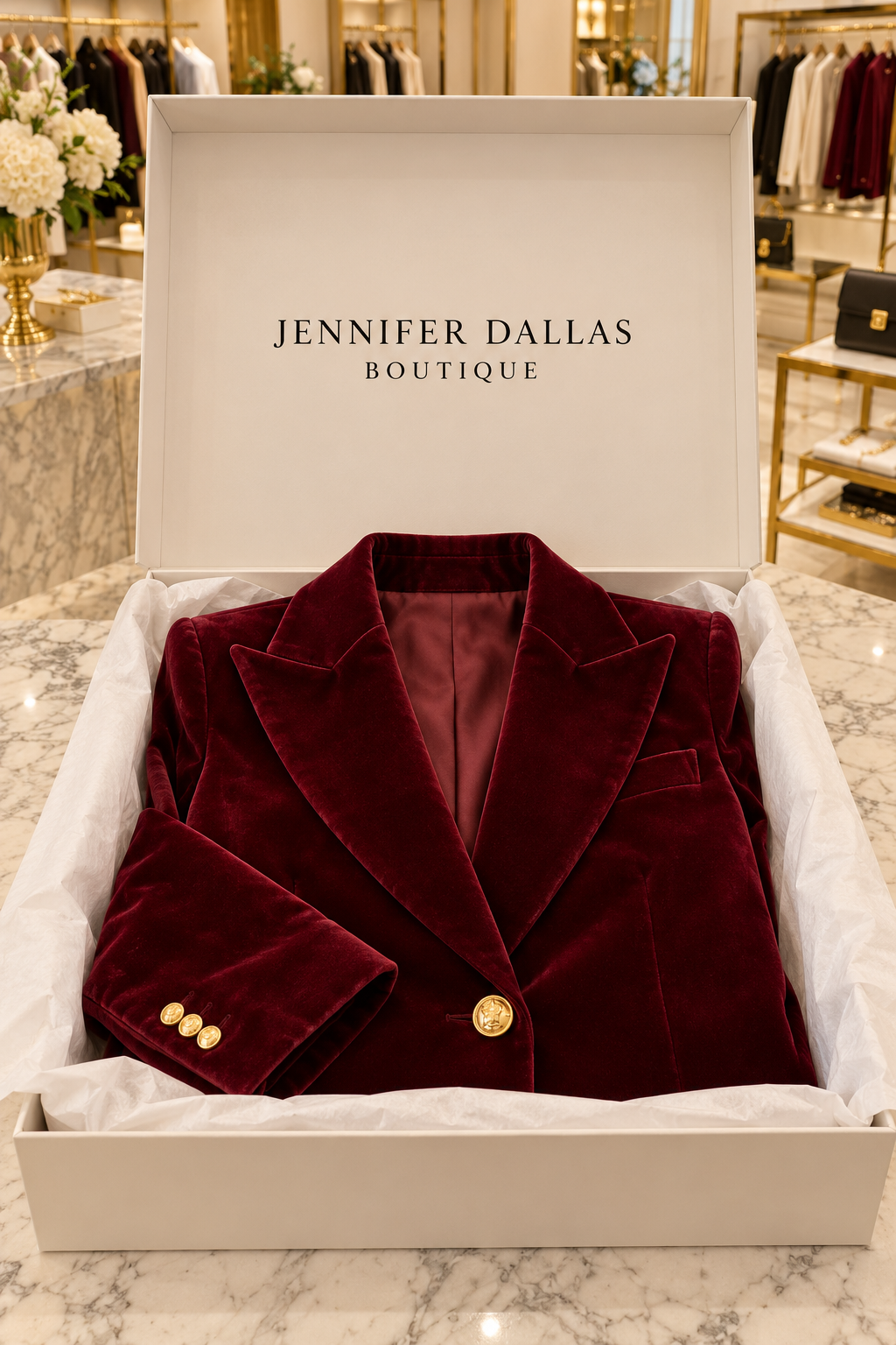 Women's velvet blazer presented in a Jennifer Dallas Boutique signature box