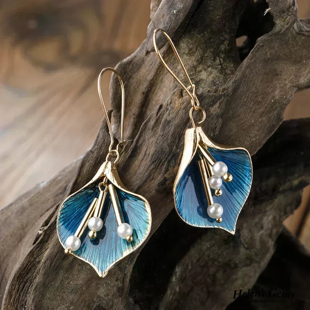 Gold Blue Lily Drop Earrings with Pearls