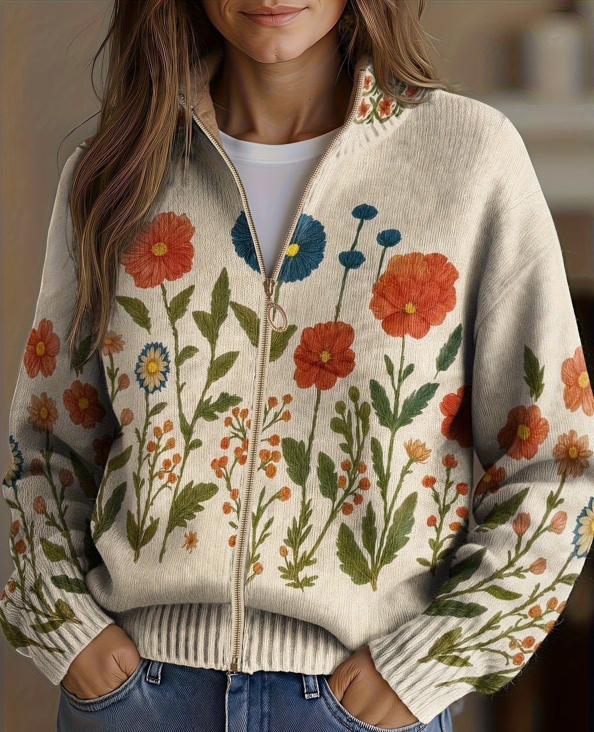Wrenna | Women's floral-patterned cardigan with zipper and pockets