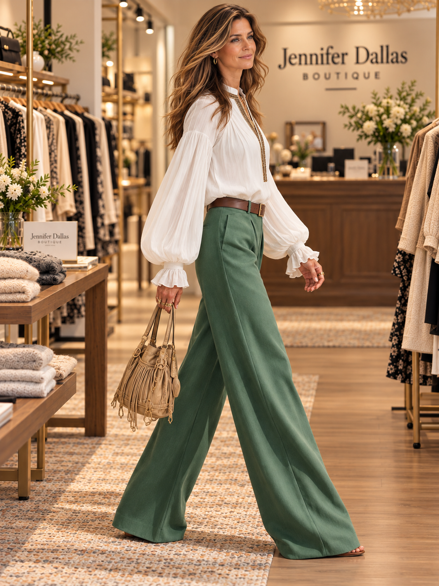 Resort-style V-neck Lantern-sleeve Top And Trousers Set